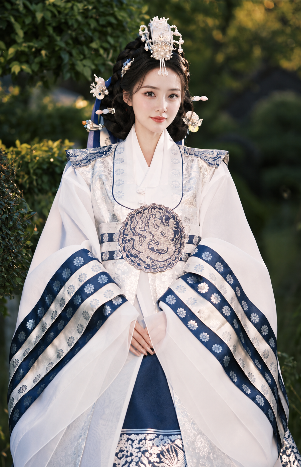 Front detail of circular chest motif and floral sleeve borders on blue and silver Hanbok