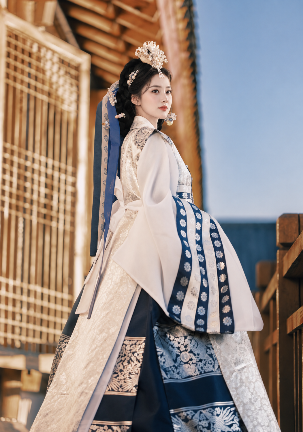 Rear side view of white and navy Hanbok with long silver panels