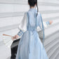 Blue hanfu dress for women, blending traditional Song Dynasty and modern Chinese styles, crafted from luxurious silk. This versatile hanfu includes options for a matching coat or jacket, making it suitable for winter wear, Chinese New Year celebrations, or casual outings. Ideal for occasions like graduations or cosplay, this dress embodies the fairy-inspired elegance of classic hanfu while also drawing from martial arts clothing and contemporary Chinese fashion. Available for purchase in our online hanfu sh