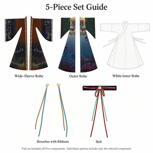 Five-piece set guide: wide-sleeve robe, outer robe, white inner robe, brooches with ribbons and belt
