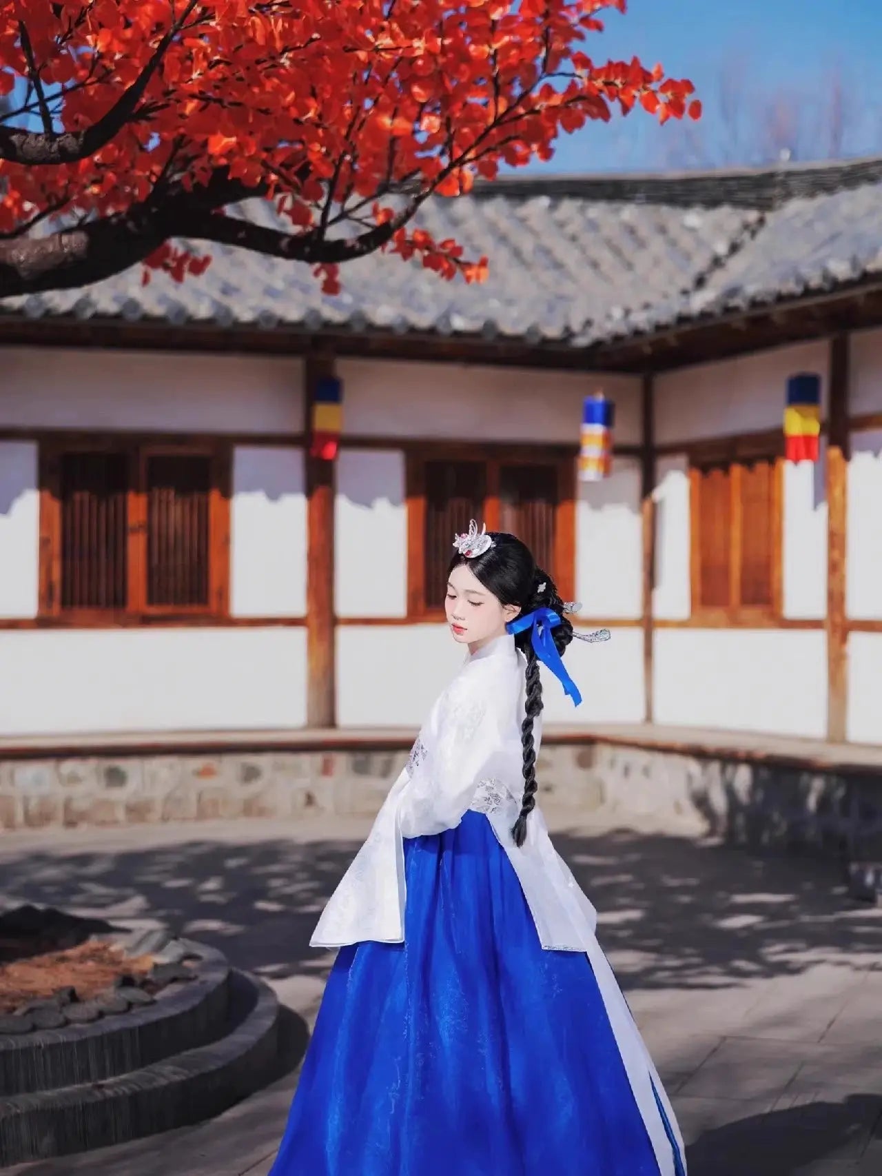 Blue & white princess hanbok for women – modern Korean palace-style traditional dress with flowing skirt, perfect for weddings, performances, events, and photoshoots
