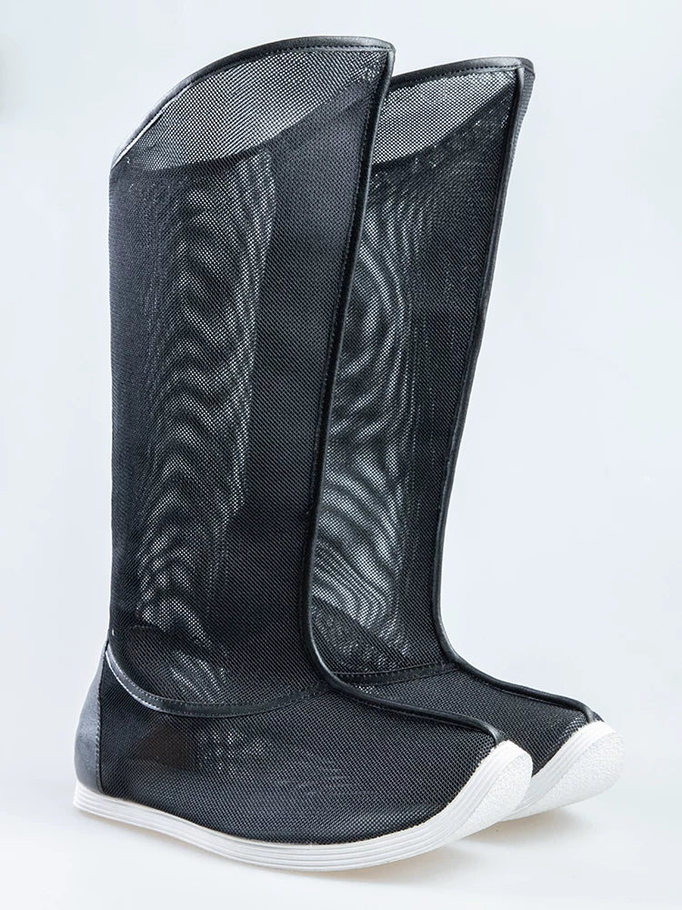 Black breathable Hanfu boots styled with historical Chinese clothing for summer wear