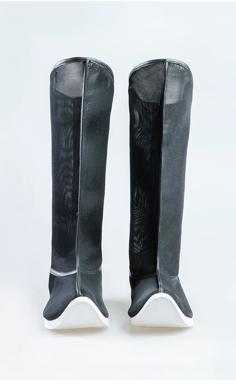 Black mesh Hanfu boots product detail showing the upturned toe and lightweight shaft