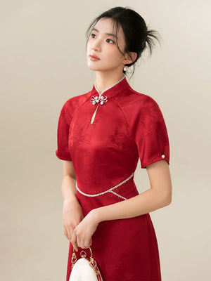 Design view of the Ceremonial Red jacquard engagement qipao dress, highlighting rich jacquard texture, fitted cheongsam shape and engagement-ready red color.