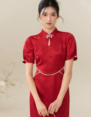 Silhouette and fit view of the Ceremonial Red jacquard engagement qipao dress, a contemporary red Chinese wedding qipao.