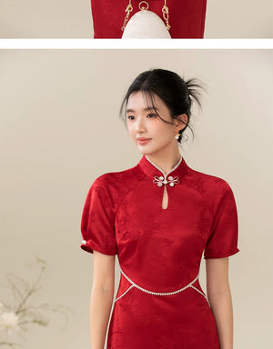 Close product view of the Ceremonial Red jacquard engagement qipao dress, focused on its Chinese-inspired design details.