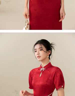 Occasion styling image of the Ceremonial Red jacquard engagement qipao dress, presented as an elegant red Chinese wedding qipao.