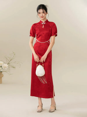 Three-quarter product view of the Ceremonial Red jacquard engagement qipao dress, a refined red Chinese wedding qipao for elegant occasions.