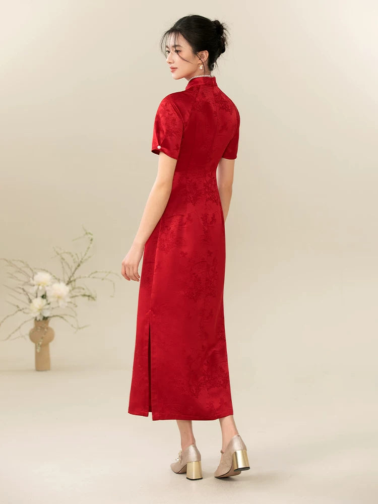 Ceremonial Red jacquard engagement qipao dress styled to show its fit and drape, including rich jacquard texture, fitted cheongsam shape and engagement-ready red color.