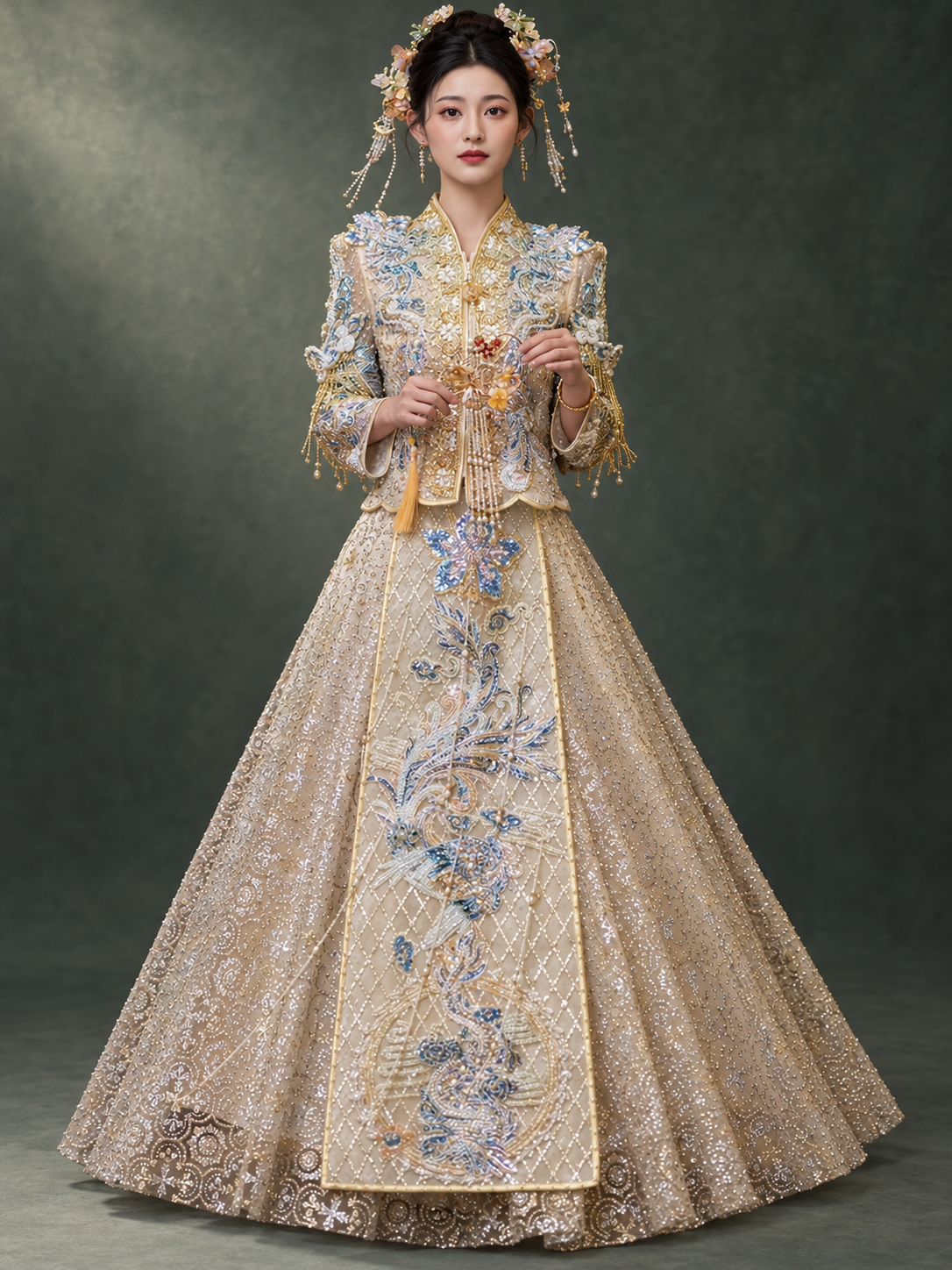 Champagne dragon and phoenix Xiuhe wedding dress, full skirt and blue gold decoration