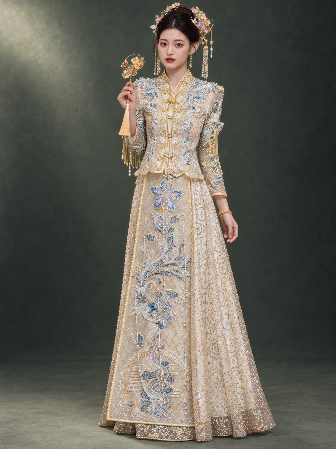 Champagne Chinese bridal jacket and skirt, alternate full-length standing view