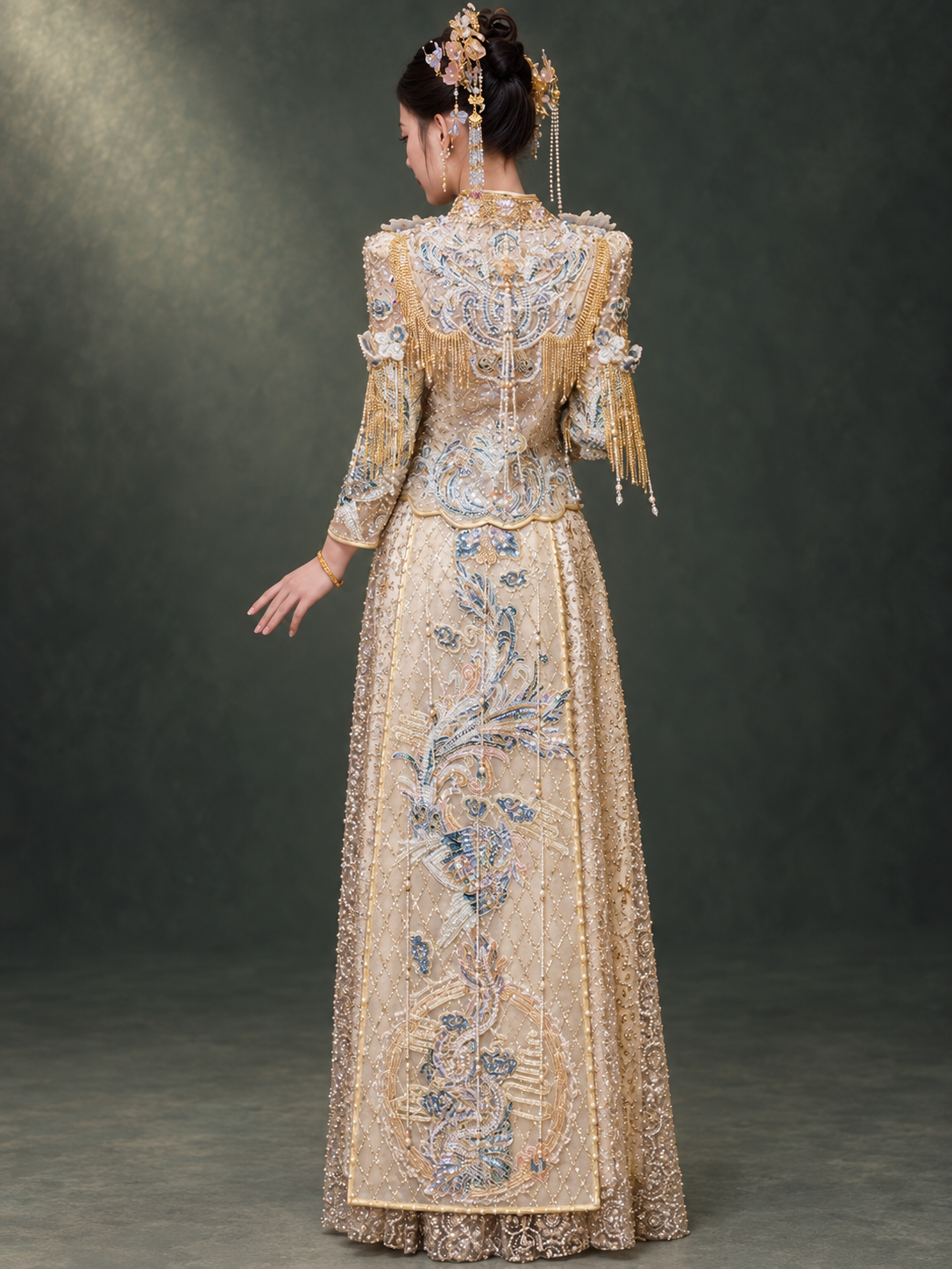 Champagne dragon and phoenix Xiuhe bridal outfit, back view and shoulder fringe