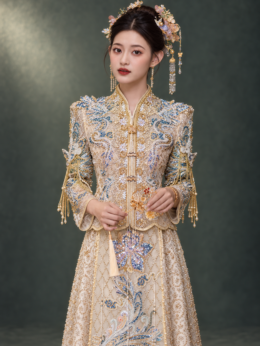 Champagne Xiuhe bridal jacket, collar, closures and flared sleeve view