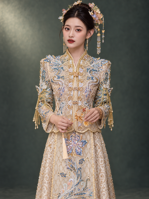 Champagne Xiuhe bridal jacket, collar, closures and flared sleeve view