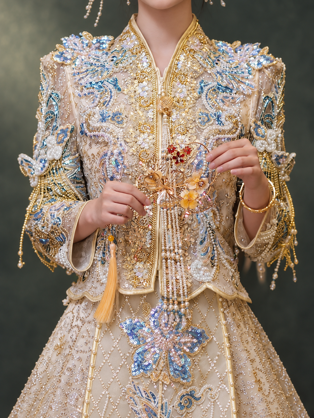 Champagne Xiuhe wedding jacket, blue gold embroidery, beads and cuff detail