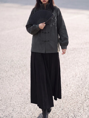 Charcoal Chinese jacket worn with a folding fan