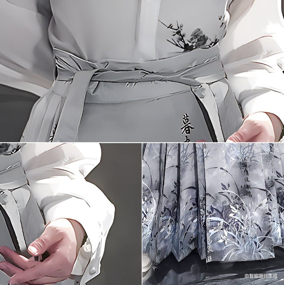 Clivia skirt waist tie and pleated botanical fabric details, shown with a white shirt.