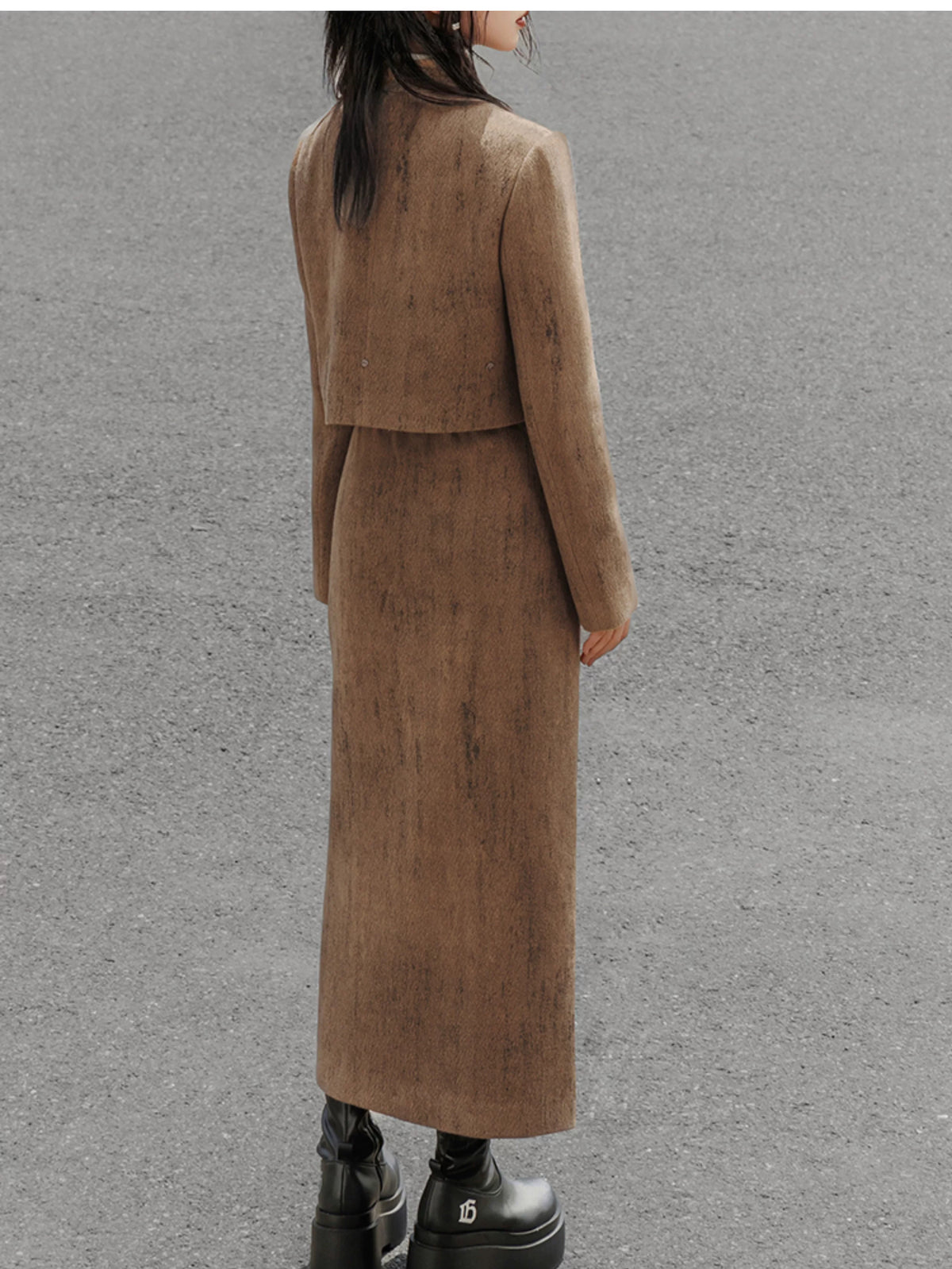 Coffee Chinese jacket and midi skirt back view
