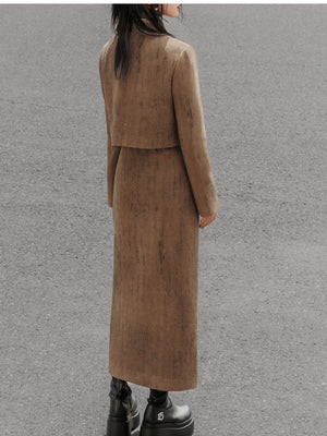 Coffee Chinese jacket and midi skirt back view
