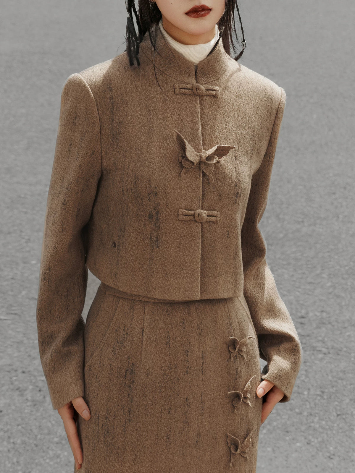 Coffee Chinese jacket butterfly frog closure detail