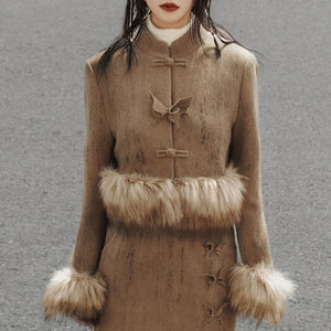 Coffee cropped Chinese jacket with faux-fur cuffs