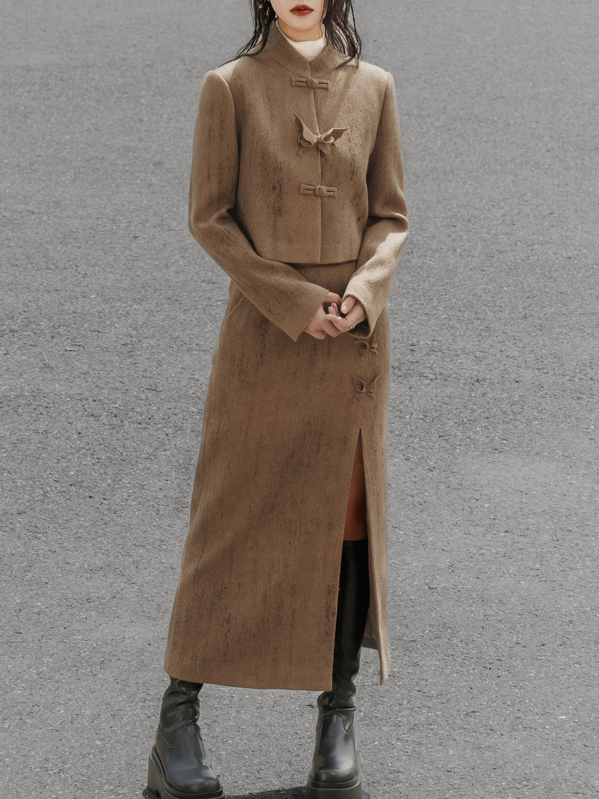 Coffee cropped jacket and midi skirt front view