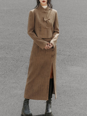 Coffee cropped jacket and midi skirt front view