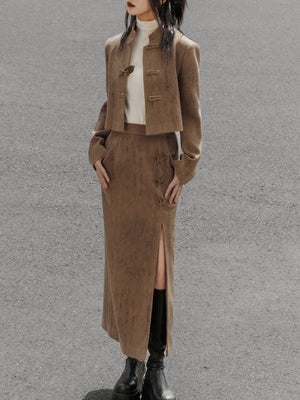 Coffee cropped jacket and slit midi skirt without faux-fur trim