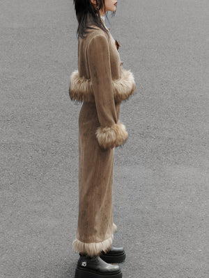 Coffee jacket and skirt side view with faux-fur cuffs and hem