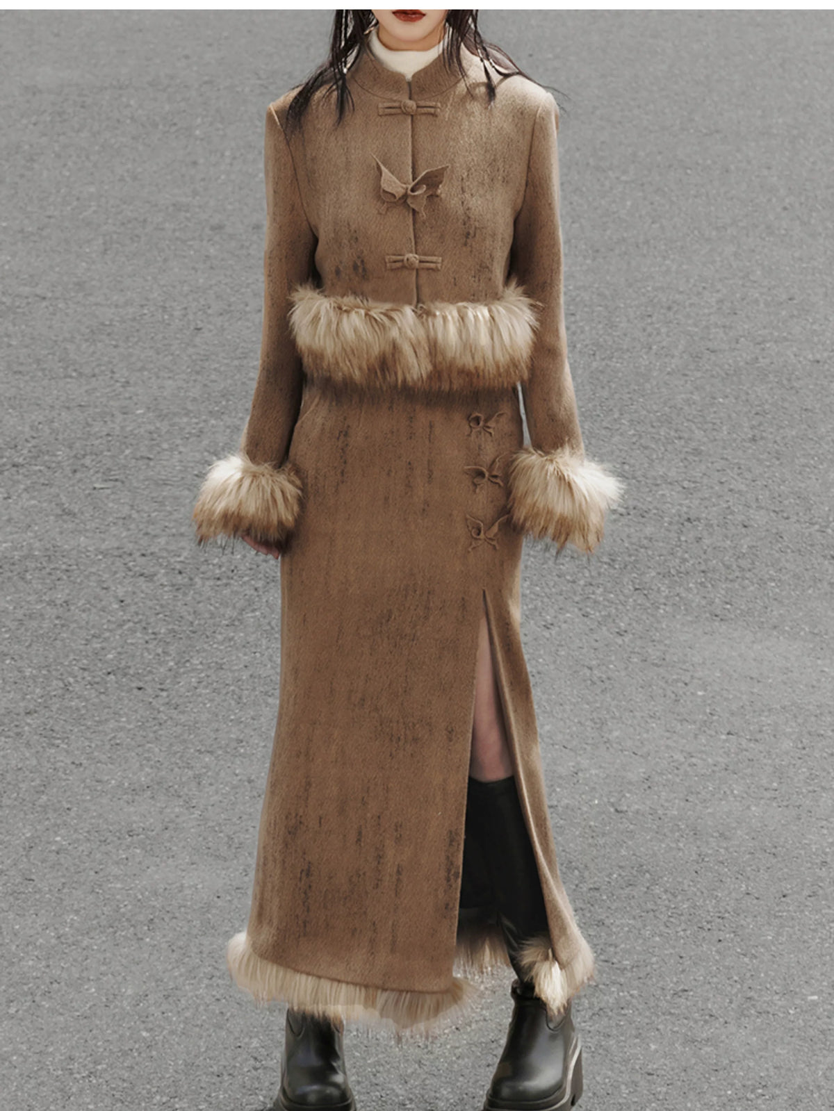 Coffee jacket and skirt styled with faux-fur waist and cuffs