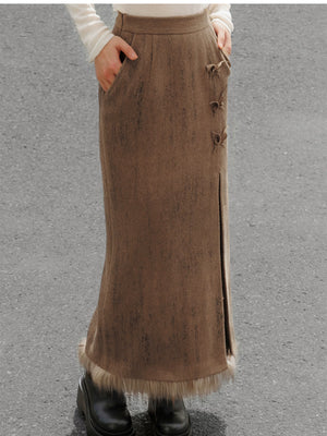 Coffee midi skirt pockets and faux-fur hem detail