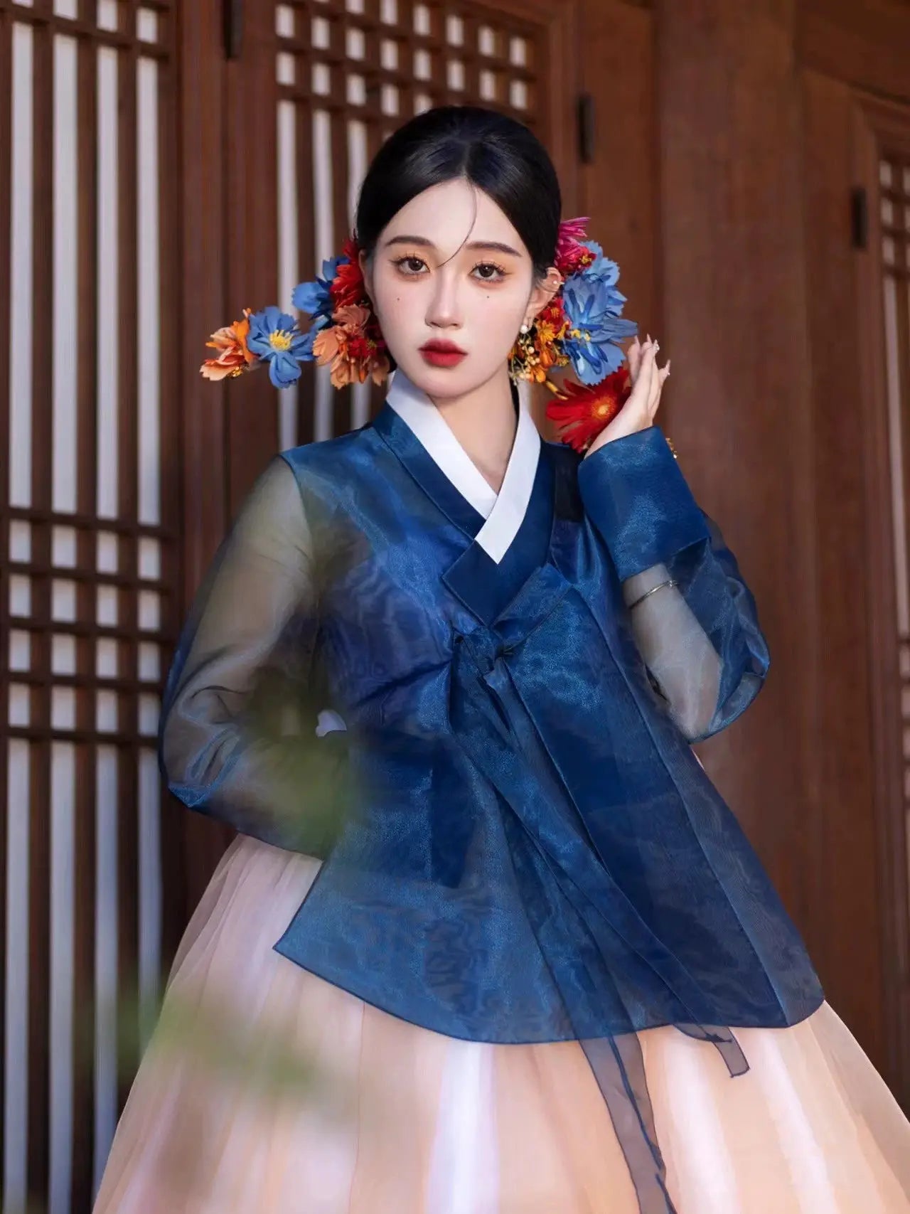 Colorful blue and orange hanbok dress for women – modern Korean palace-style traditional costume with flowing skirt, perfect for dance, events，performance, stage shows, and photoshoots