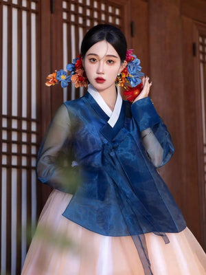 Colorful blue and orange hanbok dress for women – modern Korean palace-style traditional costume with flowing skirt, perfect for dance, events，performance, stage shows, and photoshoots