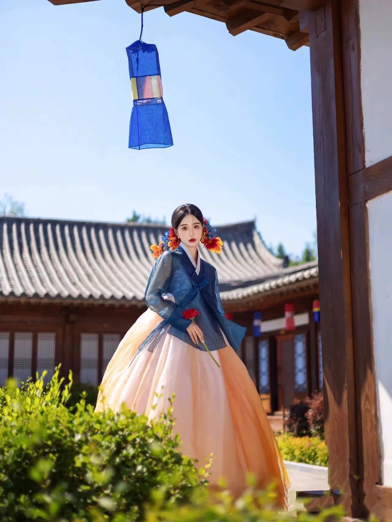 Colorful blue and orange hanbok dress for women – modern Korean palace-style traditional costume with flowing skirt, perfect for dance, events，performance, stage shows, and photoshoots