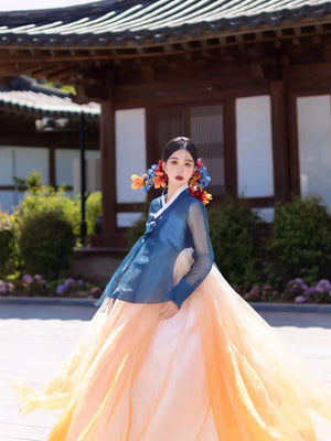 Colorful blue and orange hanbok dress for women – modern Korean palace-style traditional costume with flowing skirt, perfect for dance, events，performance, stage shows, and photoshoots