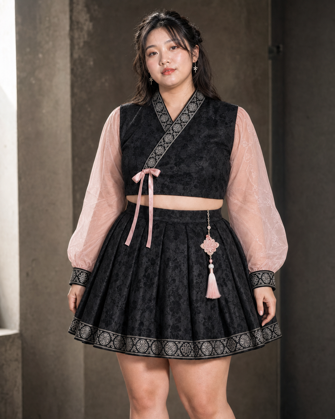 Plus size black floral jacquard modern hanbok neckline sleeve cuff and norigae details