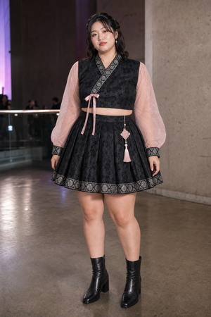 Plus size modern concert hanbok full front view on East Asian model