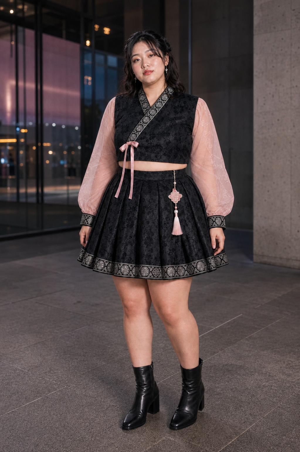 Plus size modern concert hanbok in black blush and silver, East Asian model hero view