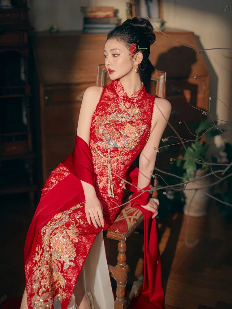 Beloved Dream – New Chinese Red Bridal Qipao/Cheongsam Dress for Enga Shawl average size, single piece. / S Beloved Dream – New Chinese Red Bridal Qipao/Cheongsam Dress for Enga Shawl average size, single piece. / S