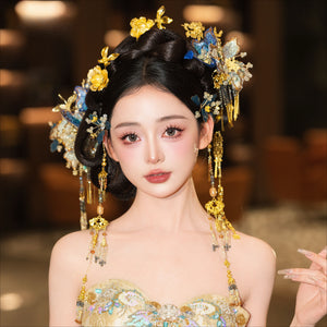 Front view of blue lace gold fringed bridal hairpin styled in Hanfu hair accessories, ideal for cheongsam dress bridal fashion.