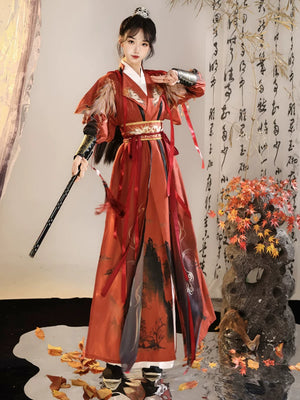Dark red Nanke warrior Hanfu costume showing layered shoulder panels, waist sash and wrist guards