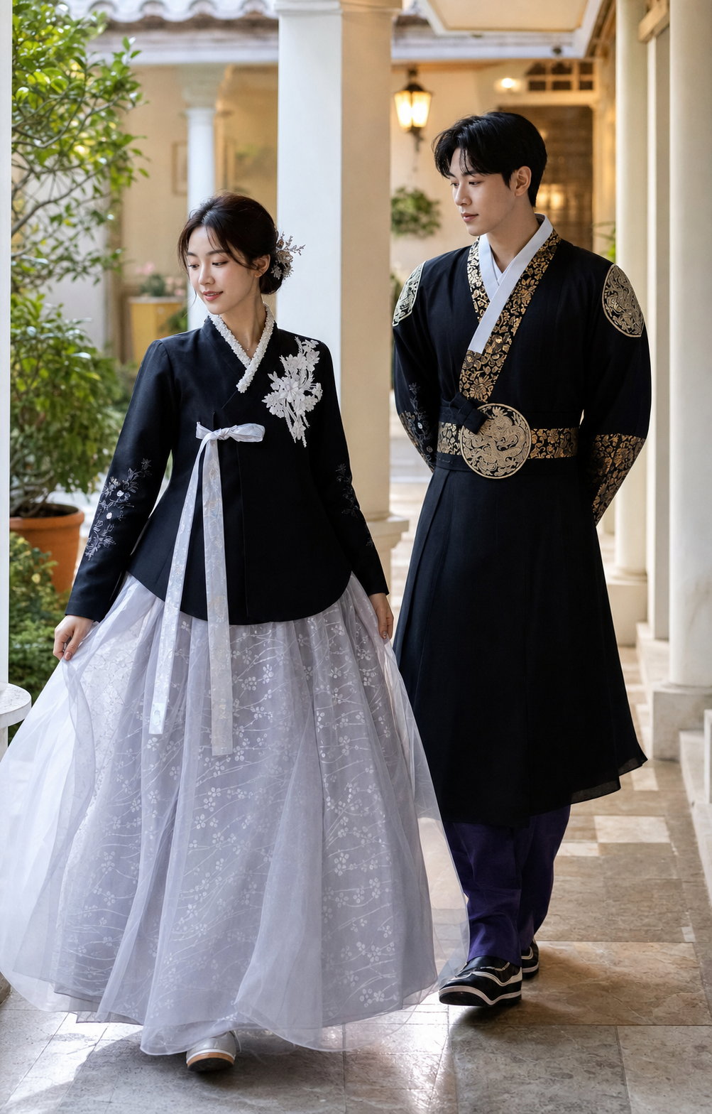 Dark Yanji couple Korean hanbok outfit in boutique courtyard, women's black jeogori and silver-gray chima with men's black gold brocade robe