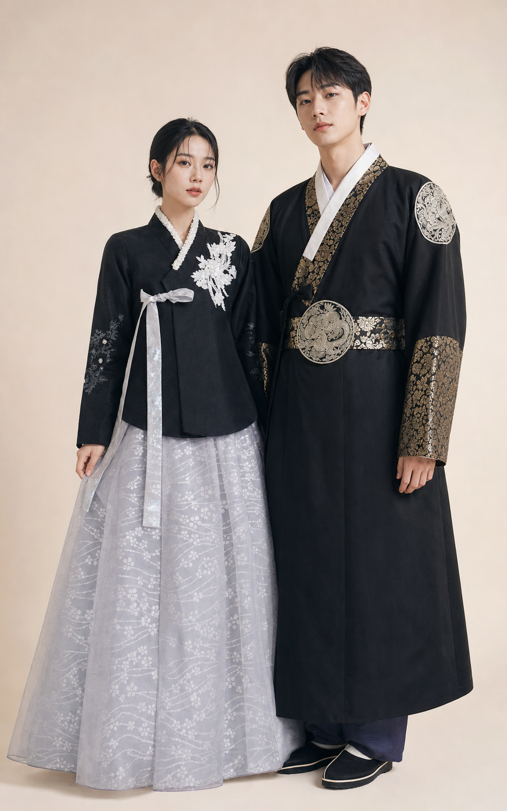 Studio full-body dark Yanji couple hanbok outfit showing women's silver-gray chima and men's black gold brocade robe