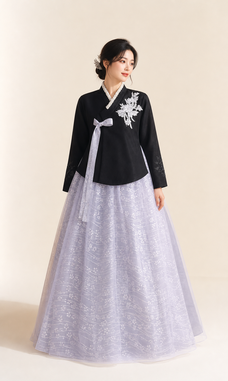 Women's dark Yanji Korean hanbok with black embroidered jeogori, pearl collar and silver-gray floral patterned chima skirt
