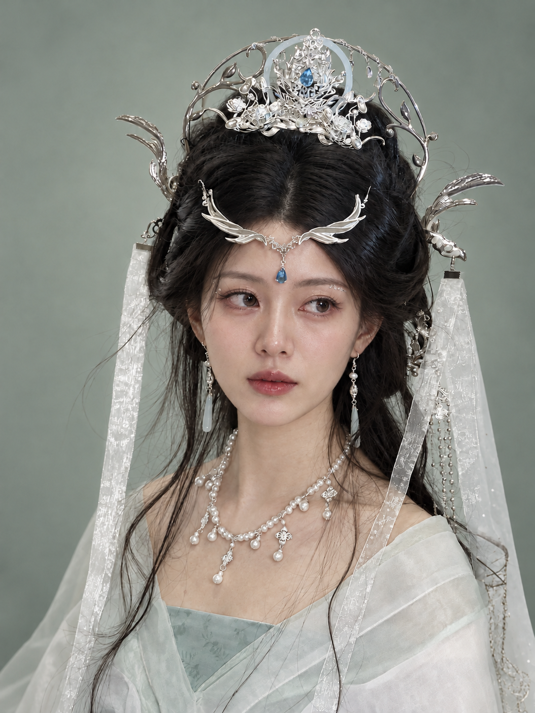 Silver-tone dragon halo and crown styled with a pale green outfit