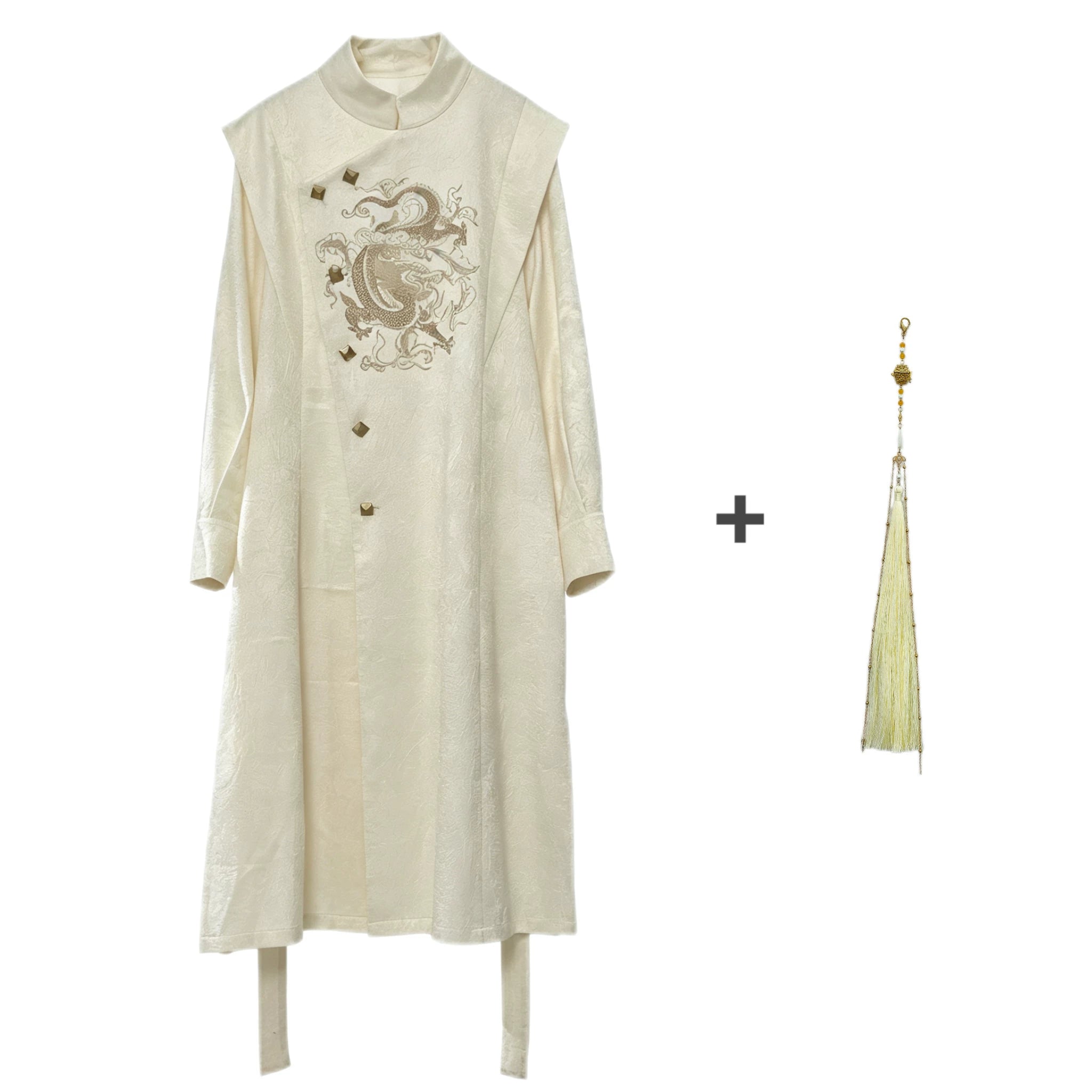 Beige dragon embroidery long coat and matching light decorative tassel shown separately, displaying the long sleeves and asymmetric front.