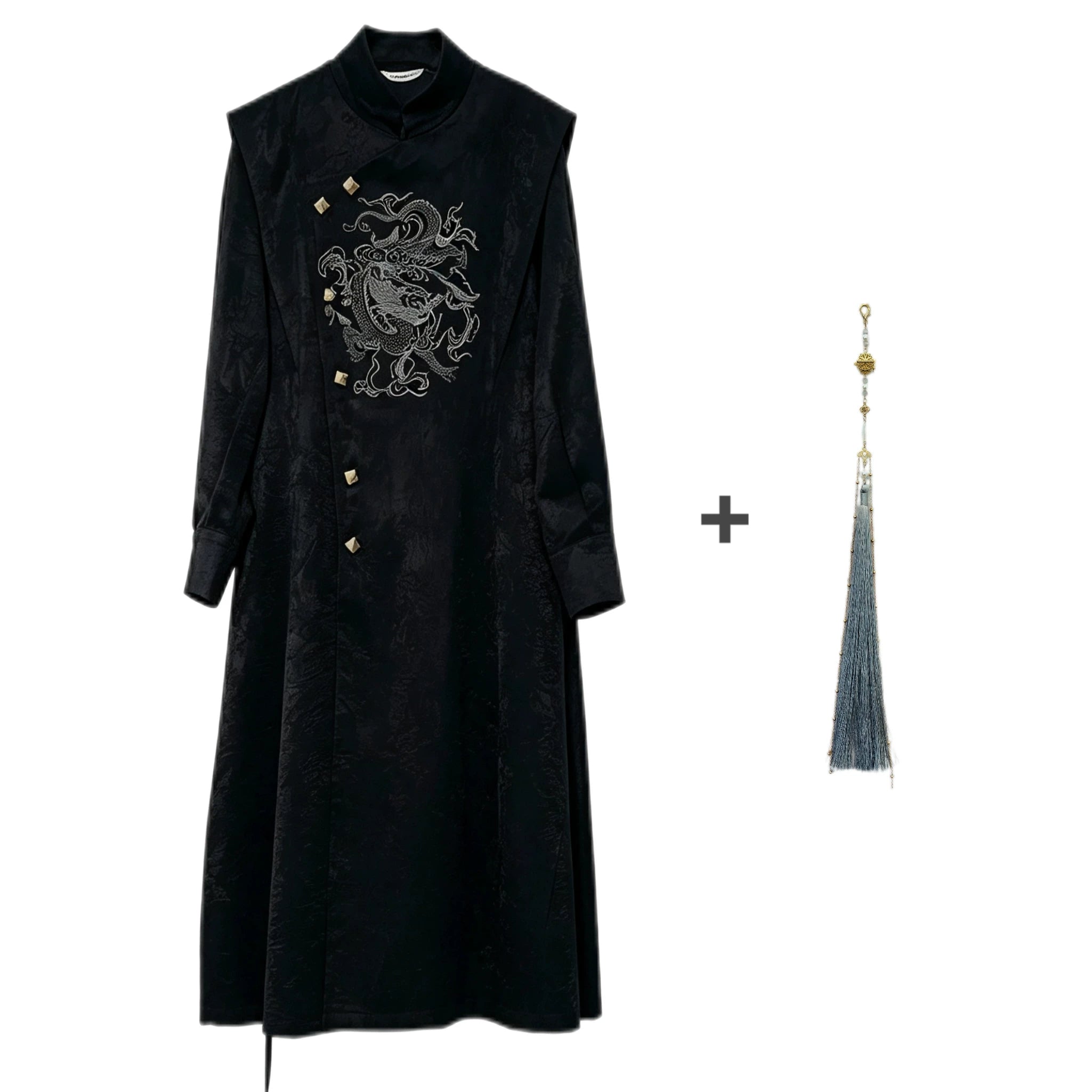 Black dragon embroidery long coat and matching gray decorative tassel shown separately, with the stand collar and asymmetric button closure visible.