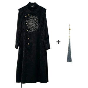 Black dragon embroidery long coat and matching gray decorative tassel shown separately, with the stand collar and asymmetric button closure visible.