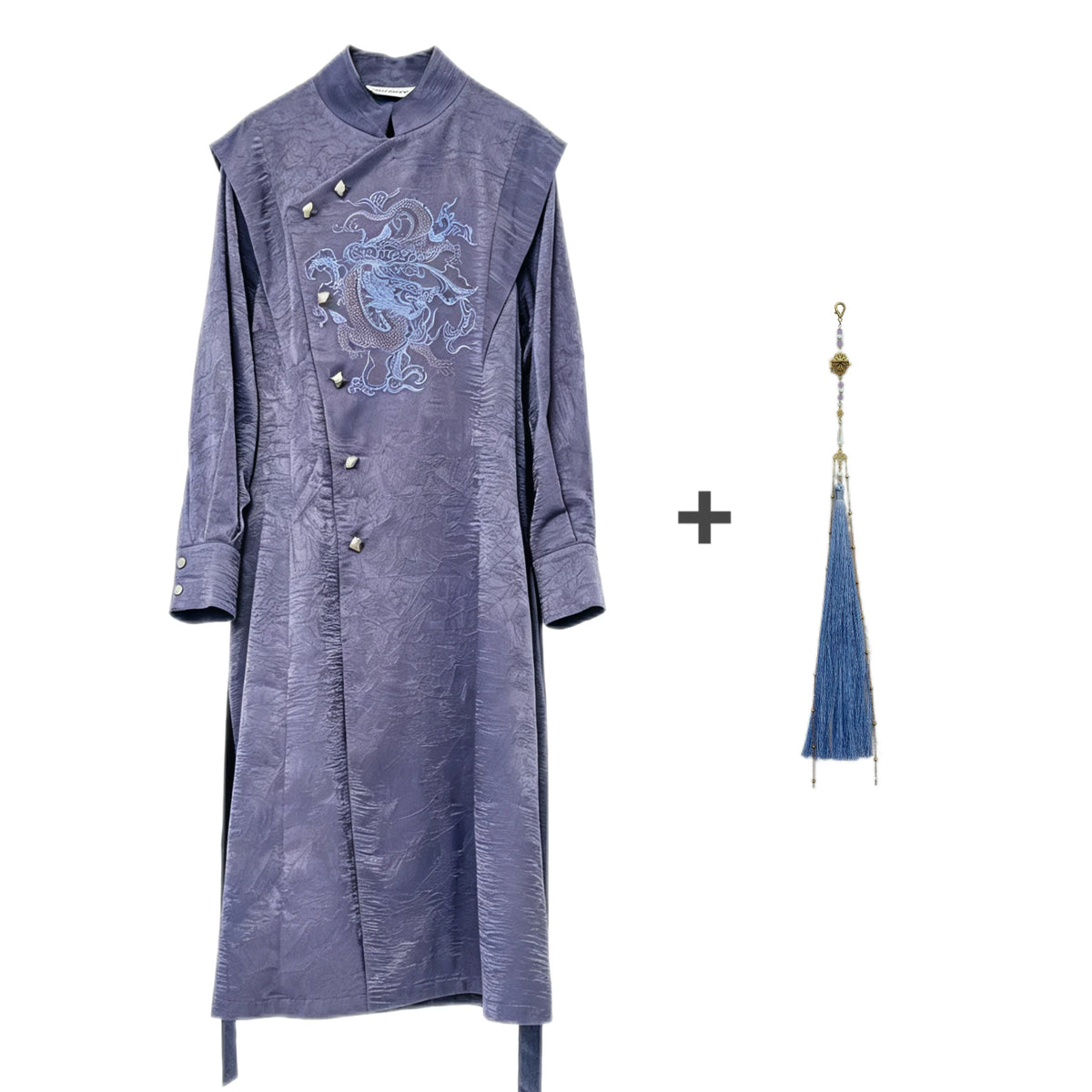 Purple dragon embroidery long coat and matching blue-purple decorative tassel shown separately, with the front motif and stand collar visible.