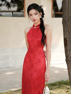 Design view of the Dusk Red mulberry silk halter qipao dress, highlighting mulberry silk, halter neckline and refined red cheongsam silhouette.